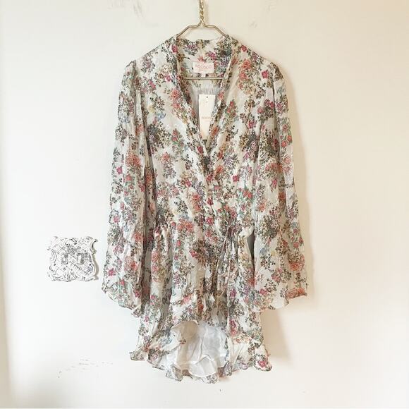 NWT Rococo Sand Ivory Floral Jane Wrap Mini Dress Wrap Beaded Tassel Tie Waist S - Picture 4 of 15